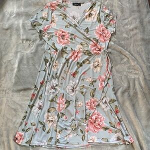 Papillon Blanc Light Blue Floral Wrap Midi Dress with Pink Rose Print